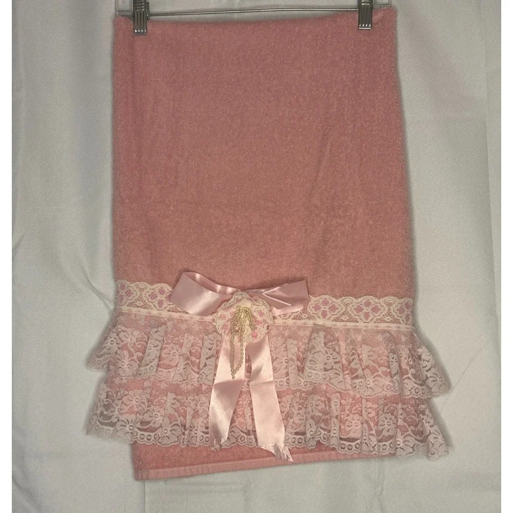 VTG Stevens Pink Bath Hand Towel Set Lace Bow Pearls Victorian Shabby Chic